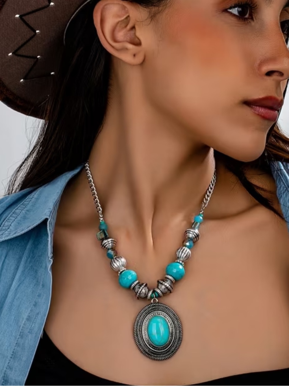 Turquoise Statement Pendant Necklace - Silver Tone Women Jewelry, NEW!